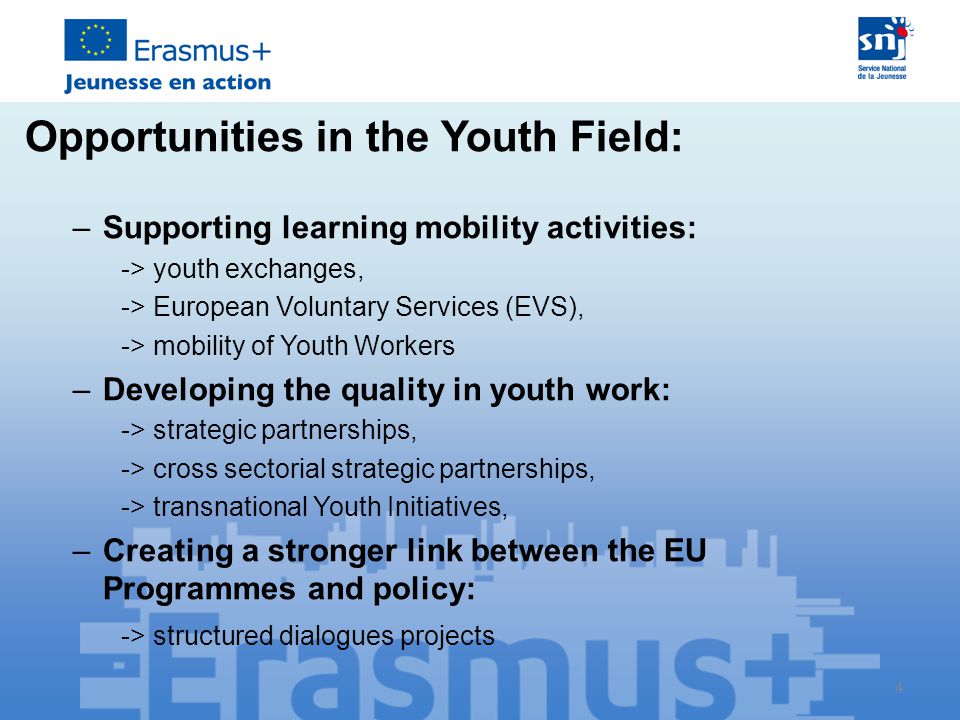 4 Opportunities in the Youth Field: –Supporting learning mobility activities: -> youth exchanges, -> European Voluntary Services (EVS), -> mobility of Youth Workers –Developing the quality in youth work: -> strategic partnerships, -> cross sectorial strategic partnerships, -> transnational Youth Initiatives, –Creating a stronger link between the EU Programmes and policy: -> structured dialogues projects