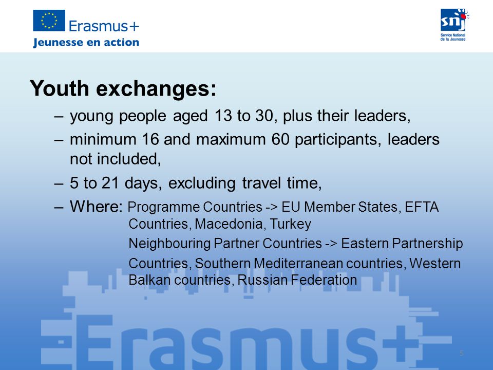 5 Youth exchanges: –young people aged 13 to 30, plus their leaders, –minimum 16 and maximum 60 participants, leaders not included, –5 to 21 days, excluding travel time, –Where: Programme Countries -> EU Member States, EFTA Countries, Macedonia, Turkey Neighbouring Partner Countries -> Eastern Partnership Countries, Southern Mediterranean countries, Western Balkan countries, Russian Federation