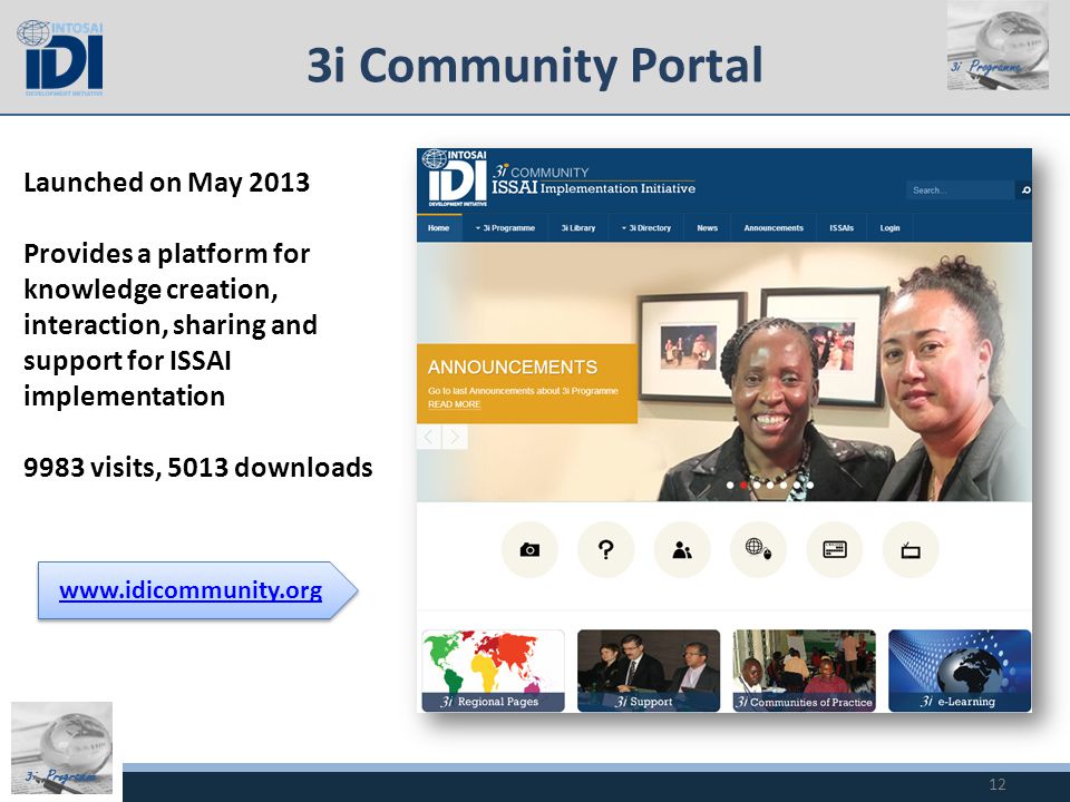 3i Programme 3i Community Portal 12   Launched on May 2013 Provides a platform for knowledge creation, interaction, sharing and support for ISSAI implementation 9983 visits, 5013 downloads