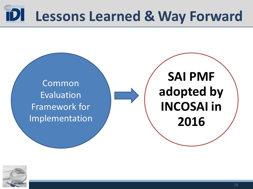 3i Programme Common Evaluation Framework for Implementation SAI PMF adopted by INCOSAI in 2016 Lessons Learned & Way Forward 24
