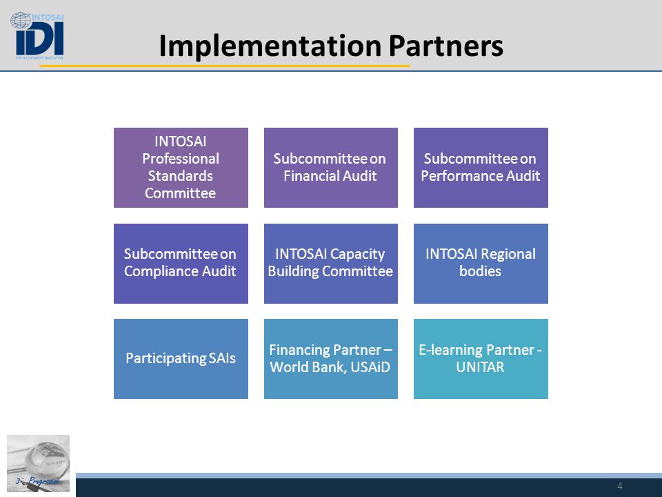 3i Programme Implementation Partners INTOSAI Professional Standards Committee Subcommittee on Financial Audit Subcommittee on Performance Audit Subcommittee on Compliance Audit INTOSAI Capacity Building Committee INTOSAI Regional bodies Participating SAIs Financing Partner – World Bank, USAiD E-learning Partner - UNITAR 4