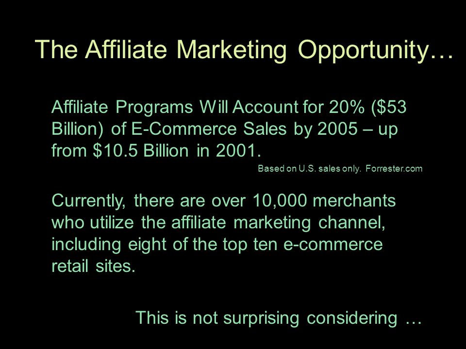 The Affiliate Marketing Opportunity… Affiliate Programs Will Account for 20% ($53 Billion) of E-Commerce Sales by 2005 – up from $10.5 Billion in 2001.