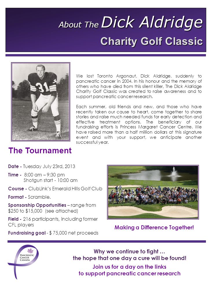 About The Dick Aldridge Charity Golf Classic We lost Toronto Argonaut, Dick Aldridge, suddenly to pancreatic cancer in 2004.