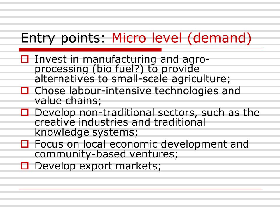 Entry points: Micro level (demand)  Invest in manufacturing and agro- processing (bio fuel ) to provide alternatives to small-scale agriculture;  Chose labour-intensive technologies and value chains;  Develop non-traditional sectors, such as the creative industries and traditional knowledge systems;  Focus on local economic development and community-based ventures;  Develop export markets;