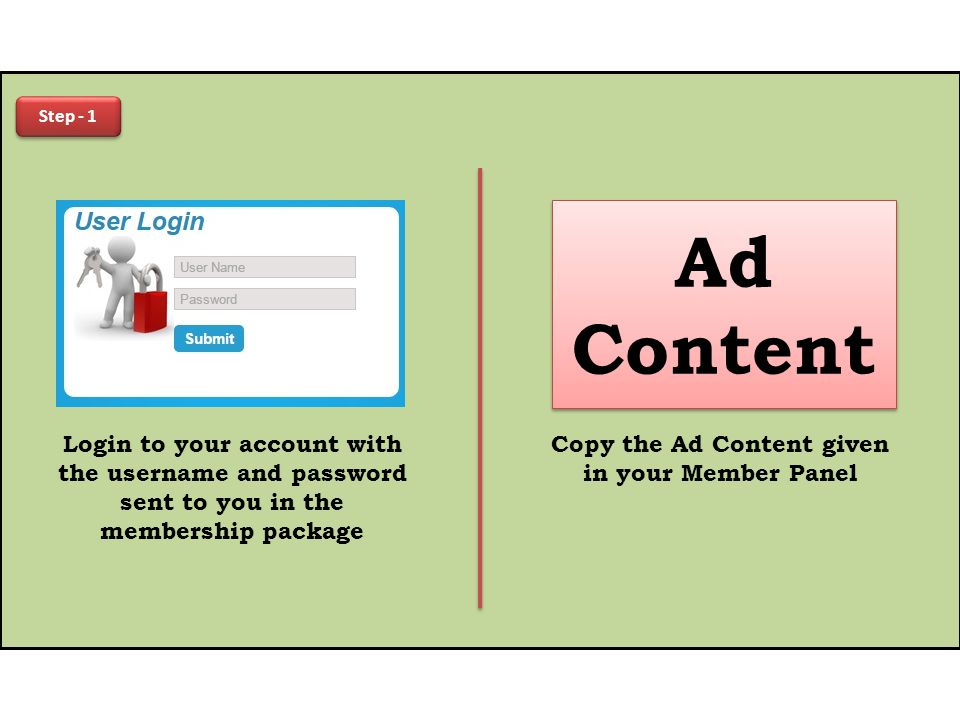 Step - 1 Login to your account with the username and password sent to you in the membership package Ad Content Copy the Ad Content given in your Member Panel