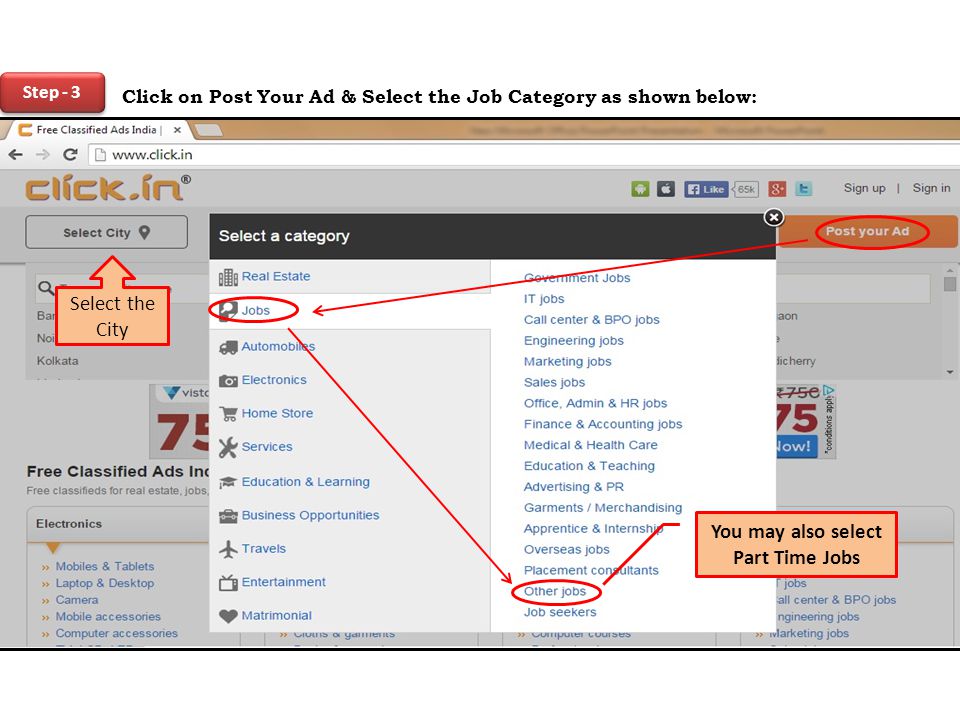 Step - 3 Click on Post Your Ad & Select the Job Category as shown below: You may also select Part Time Jobs Select the City