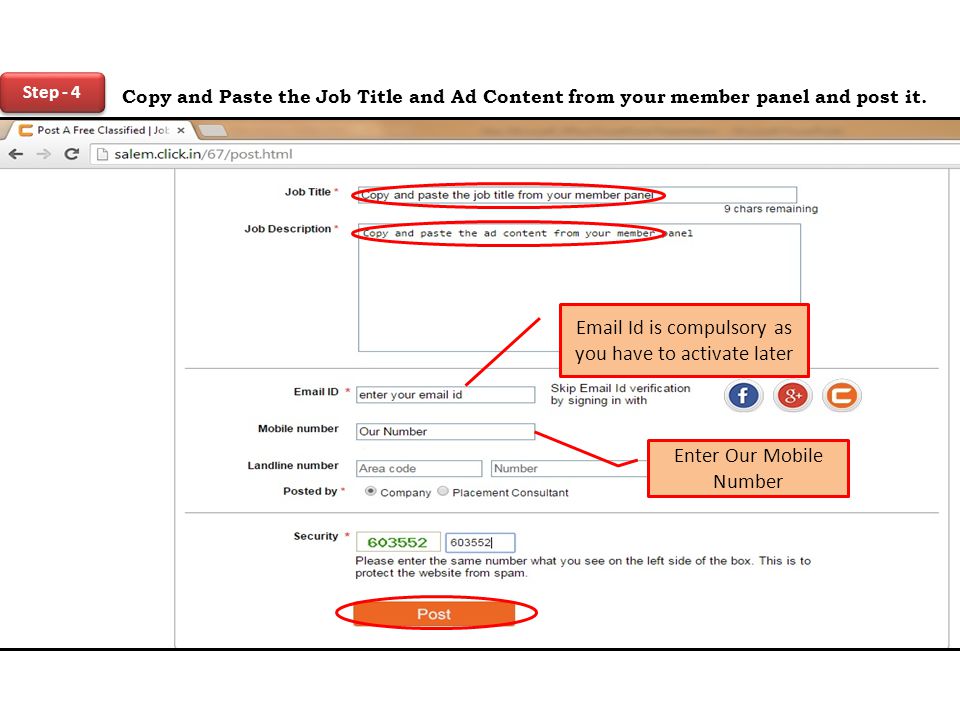 Step - 4 Copy and Paste the Job Title and Ad Content from your member panel and post it.