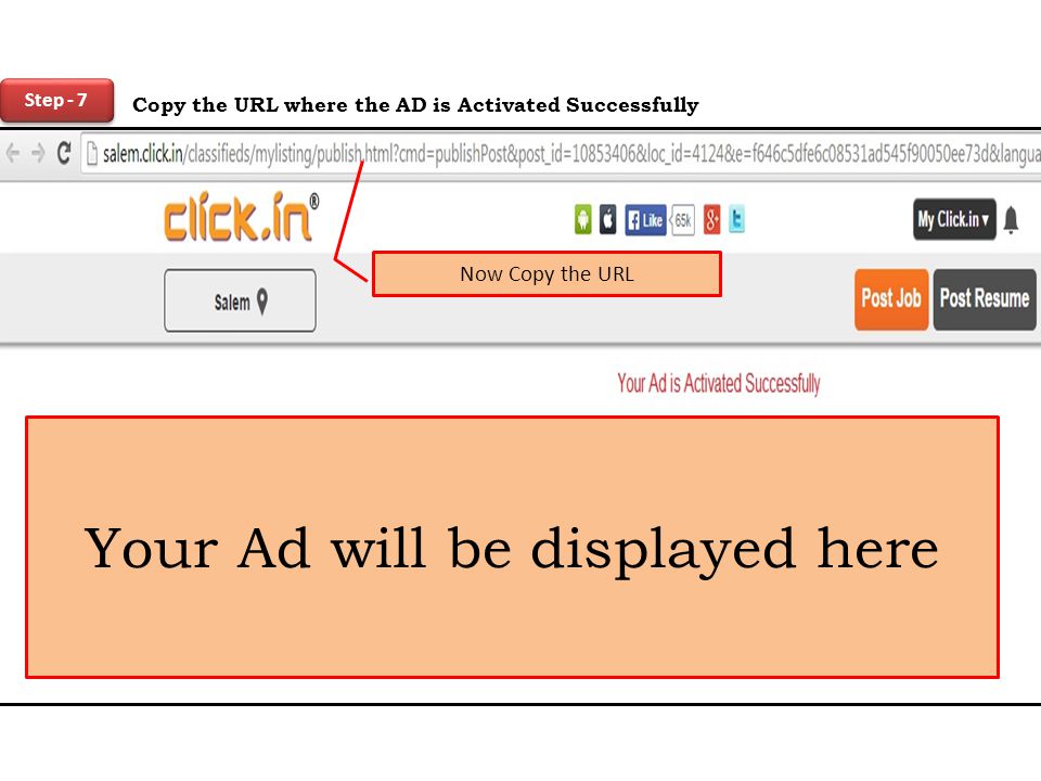 Step - 7 Copy the URL where the AD is Activated Successfully Your Ad will be displayed here Now Copy the URL