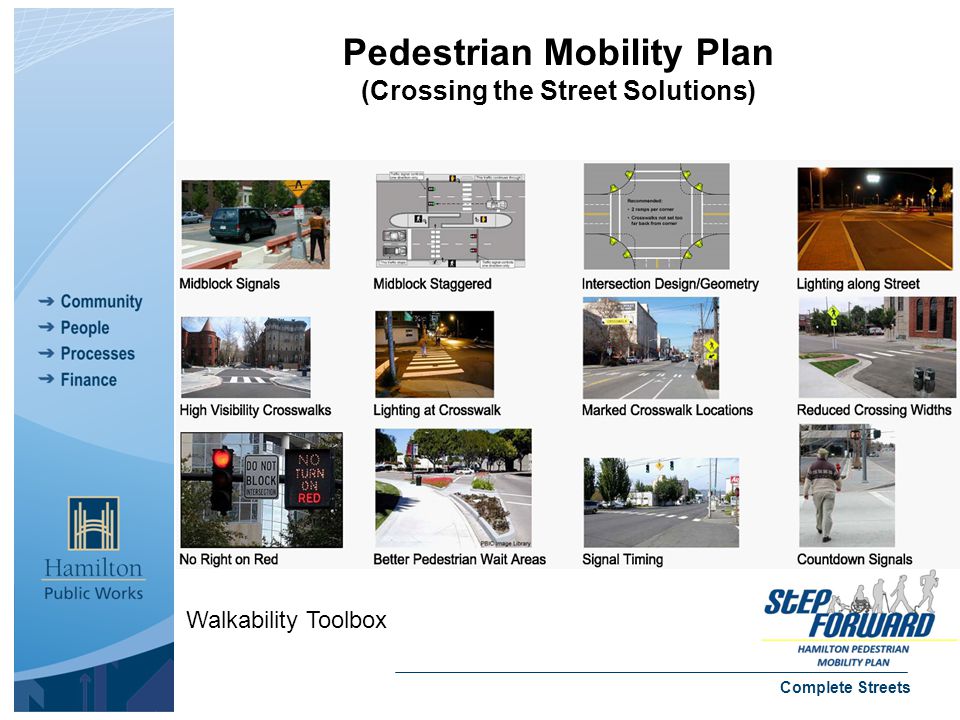 Complete Streets Walkability Toolbox Pedestrian Mobility Plan (Crossing the Street Solutions)