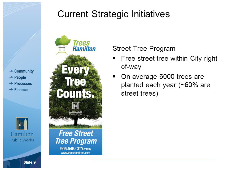 Current Strategic Initiatives Street Tree Program  Free street tree within City right- of-way  On average 6000 trees are planted each year (~60% are street trees) Slide 9