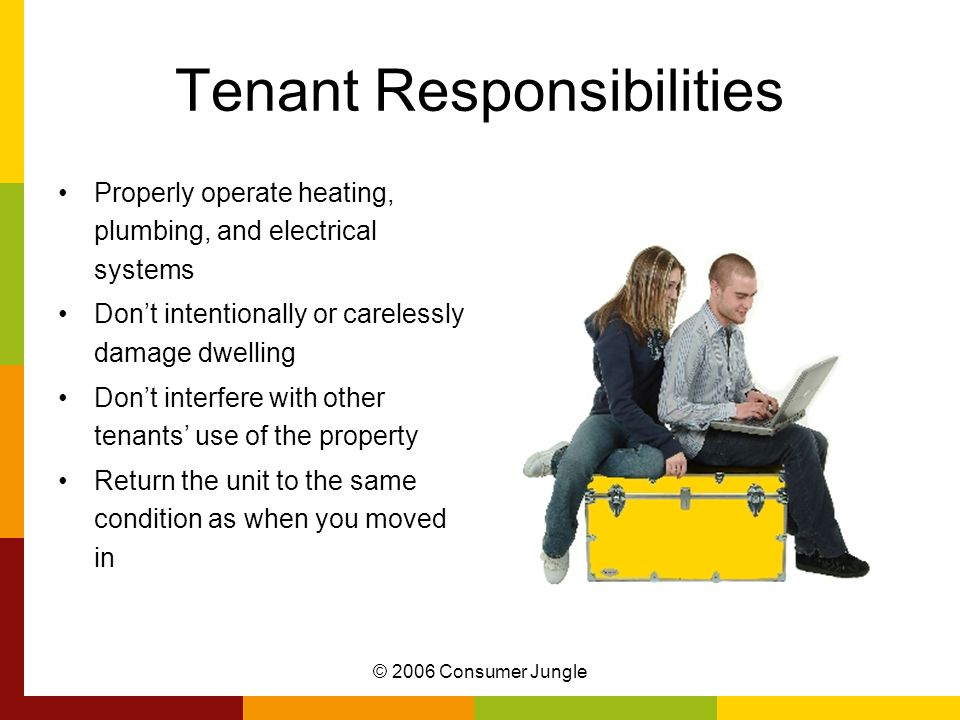 © 2006 Consumer Jungle Tenant Responsibilities Properly operate heating, plumbing, and electrical systems Don’t intentionally or carelessly damage dwelling Don’t interfere with other tenants’ use of the property Return the unit to the same condition as when you moved in