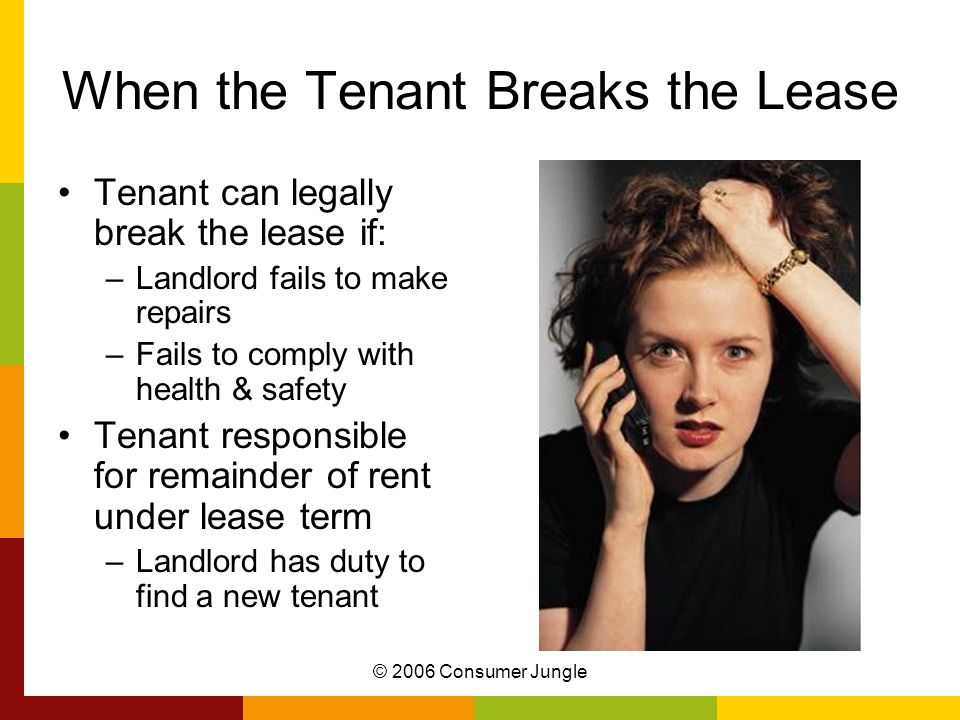 © 2006 Consumer Jungle When the Tenant Breaks the Lease Tenant can legally break the lease if: –Landlord fails to make repairs –Fails to comply with health & safety Tenant responsible for remainder of rent under lease term –Landlord has duty to find a new tenant