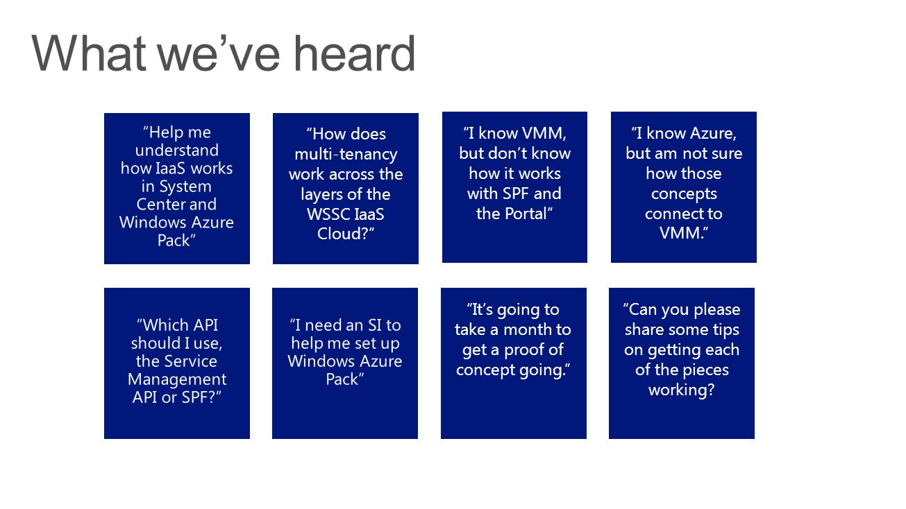 It’s going to take a month to get a proof of concept going. I know VMM, but don’t know how it works with SPF and the Portal I know Azure, but am not sure how those concepts connect to VMM. How does multi-tenancy work across the layers of the WSSC IaaS Cloud Can you please share some tips on getting each of the pieces working