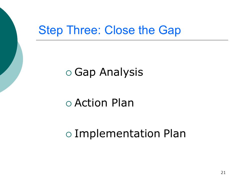 21 Step Three: Close the Gap  Gap Analysis  Action Plan  Implementation Plan