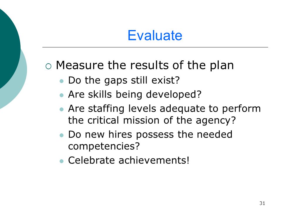 31 Evaluate  Measure the results of the plan Do the gaps still exist.