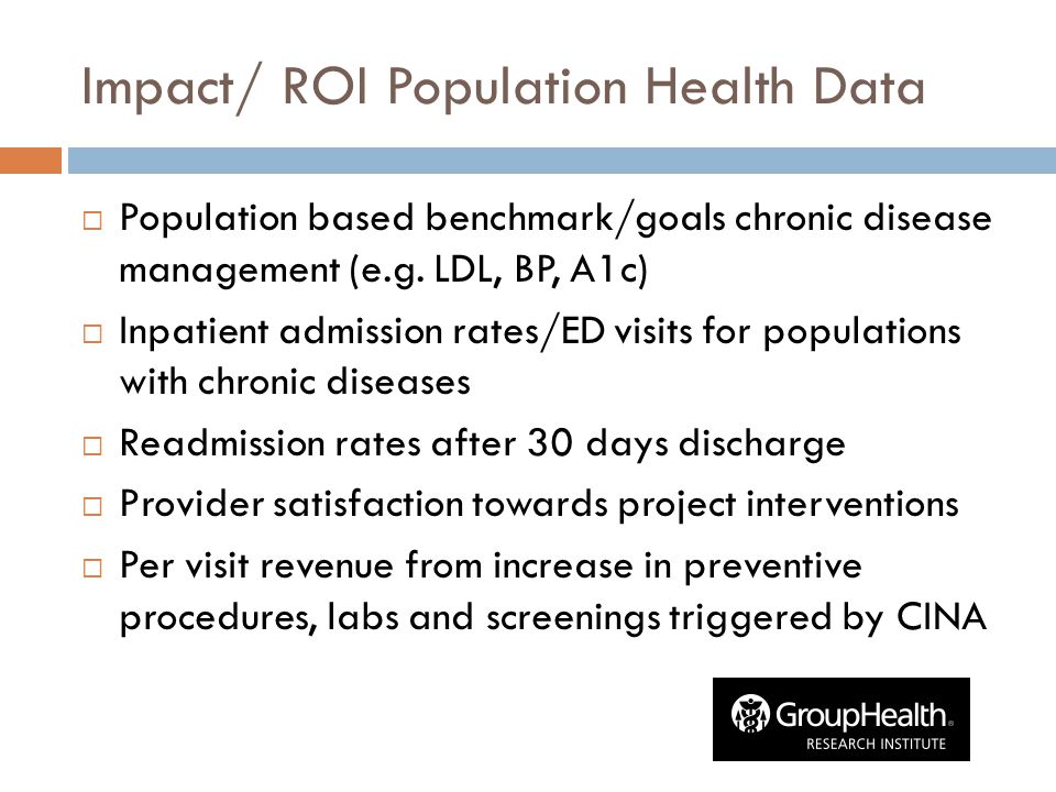 Impact/ ROI Population Health Data  Population based benchmark/goals chronic disease management (e.g.