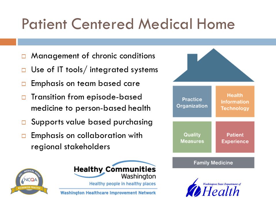 Patient Centered Medical Home  Management of chronic conditions  Use of IT tools/ integrated systems  Emphasis on team based care  Transition from episode-based medicine to person-based health  Supports value based purchasing  Emphasis on collaboration with regional stakeholders