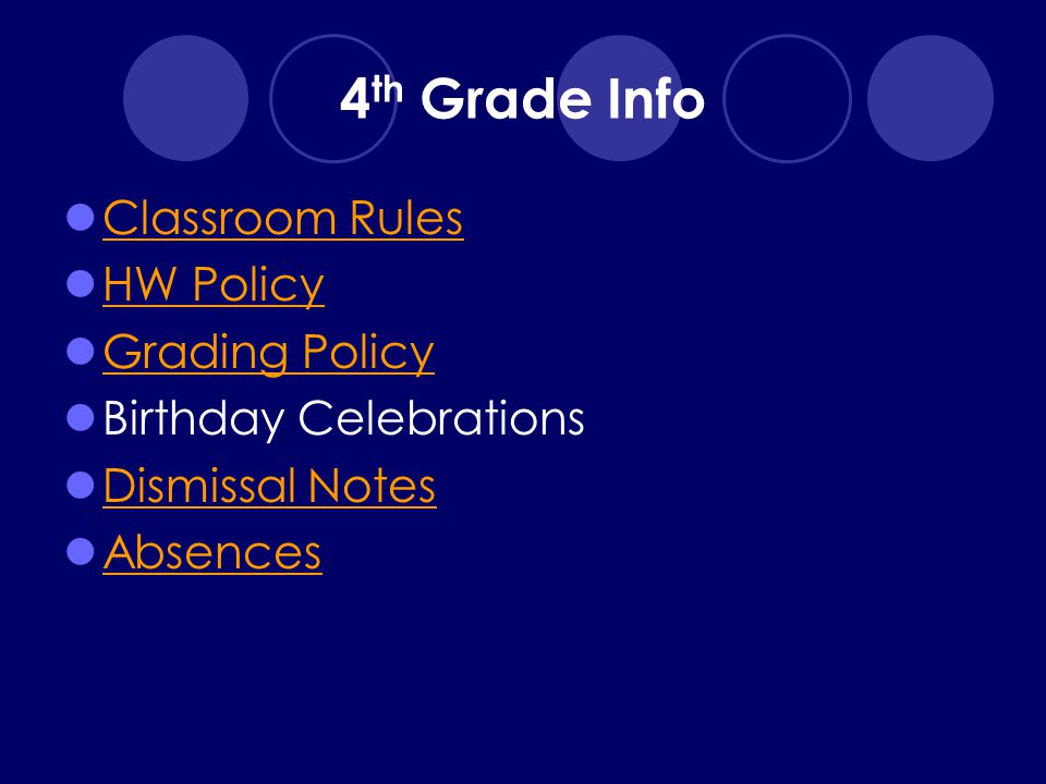4 th Grade Info Classroom Rules HW Policy Grading Policy Birthday Celebrations Dismissal Notes Absences