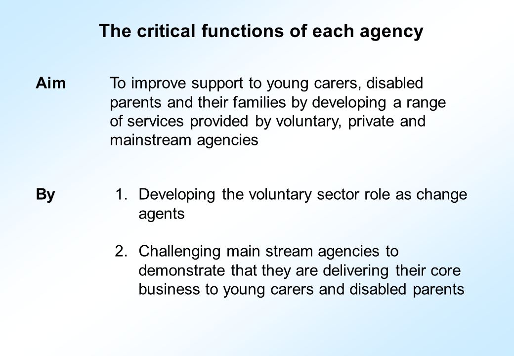 The critical functions of each agency AimTo improve support to young carers, disabled parents and their families by developing a range of services provided by voluntary, private and mainstream agencies 1.Developing the voluntary sector role as change agents 2.Challenging main stream agencies to demonstrate that they are delivering their core business to young carers and disabled parents By