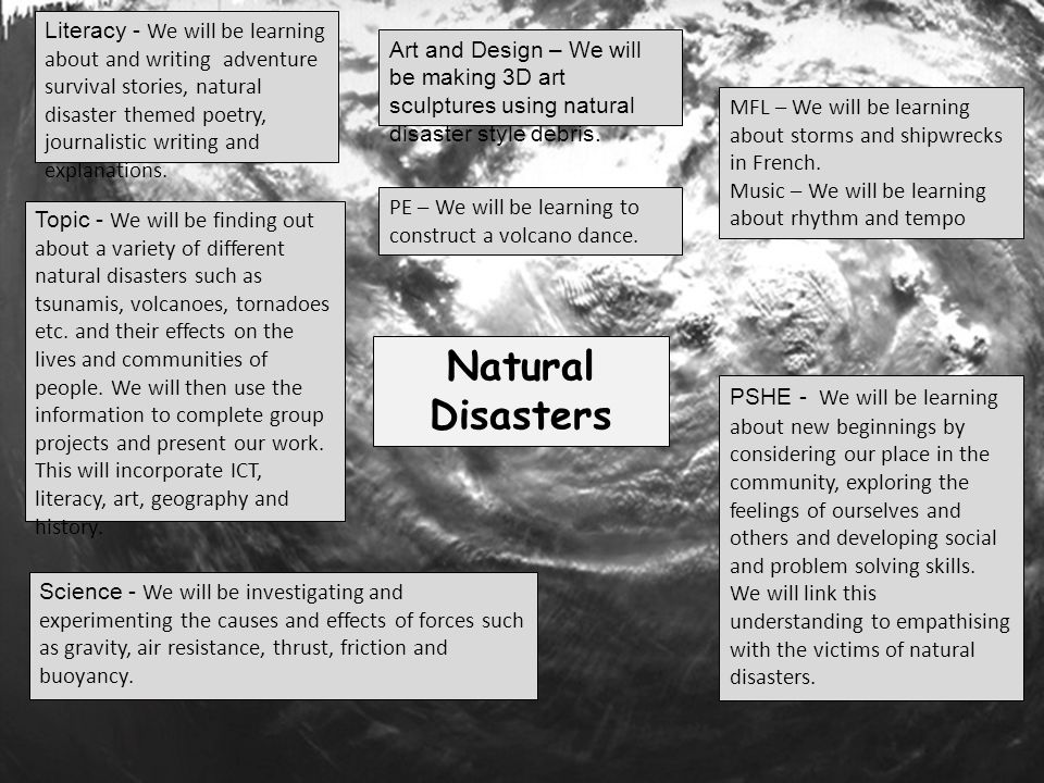 Natural Disasters Literacy - We will be learning about and writing adventure survival stories, natural disaster themed poetry, journalistic writing and explanations.