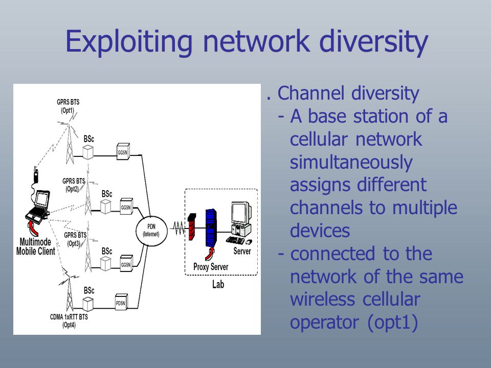 . Channel diversity - A base station of a cellular network simultaneously assigns different channels to multiple devices - connected to the network of the same wireless cellular operator (opt1) Exploiting network diversity