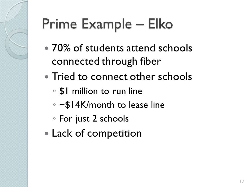 Prime Example – Elko 70% of students attend schools connected through fiber Tried to connect other schools ◦ $1 million to run line ◦ ~$14K/month to lease line ◦ For just 2 schools Lack of competition 19