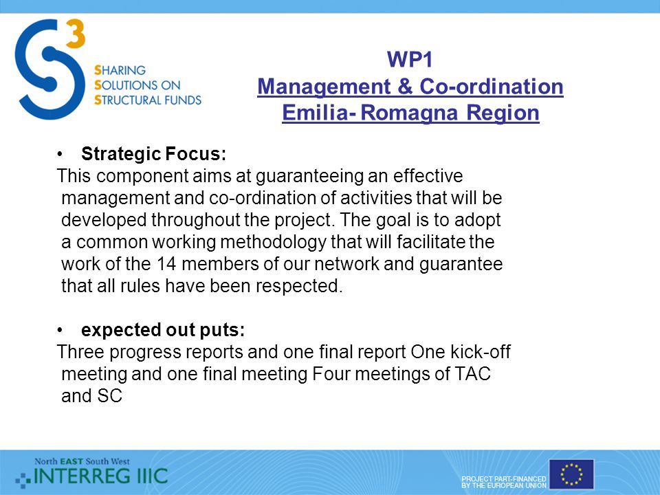 WP1 Management & Co-ordination Emilia- Romagna Region Strategic Focus: This component aims at guaranteeing an effective management and co-ordination of activities that will be developed throughout the project.