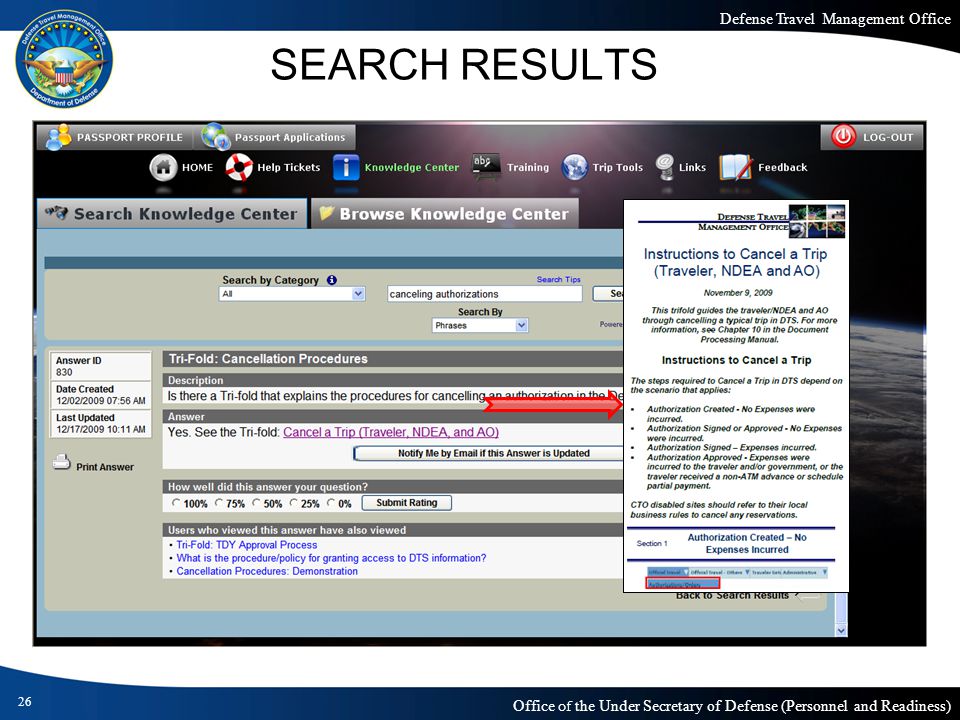 Defense Travel Management Office Office of the Under Secretary of Defense (Personnel and Readiness) SEARCH RESULTS 26