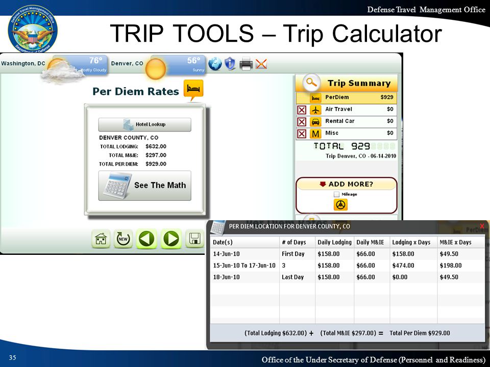 Defense Travel Management Office Office of the Under Secretary of Defense (Personnel and Readiness) TRIP TOOLS – Trip Calculator 35