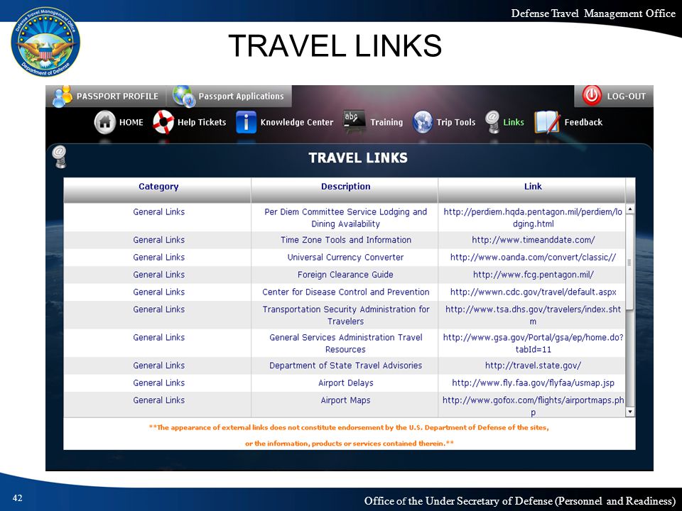 Defense Travel Management Office Office of the Under Secretary of Defense (Personnel and Readiness) TRAVEL LINKS 42