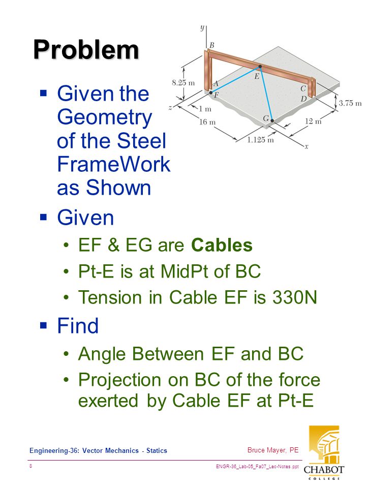 ENGR-36_Lab-05_Fa07_Lec-Notes.ppt 8 Bruce Mayer, PE Engineering-36: Vector Mechanics - Statics Problem  Given the Geometry of the Steel FrameWork as Shown  Given EF & EG are Cables Pt-E is at MidPt of BC Tension in Cable EF is 330N  Find Angle Between EF and BC Projection on BC of the force exerted by Cable EF at Pt-E