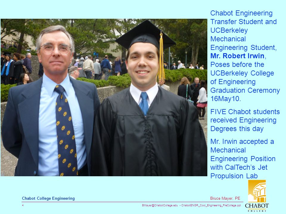 ChabotENGR_Cool_Engineering_PreCollege.ppt 4 Bruce Mayer, PE Chabot College Engineering Chabot Engineering Transfer Student and UCBerkeley Mechanical Engineering Student, Mr.