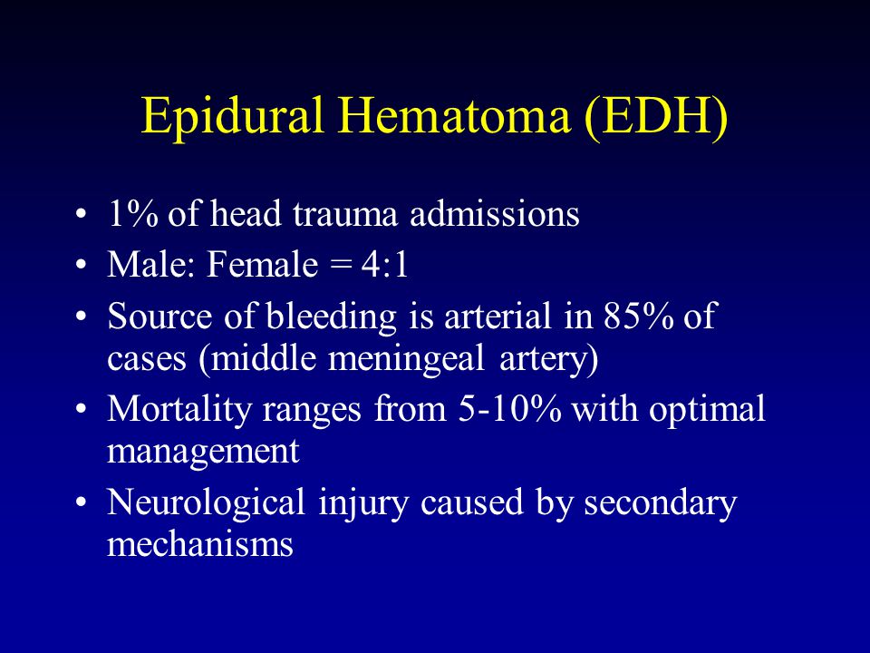 Epidural Hematoma (EDH) 1% of head trauma admissions Male: Female = 4:1 Source of bleeding is arterial in 85% of cases (middle meningeal artery) Mortality ranges from 5-10% with optimal management Neurological injury caused by secondary mechanisms