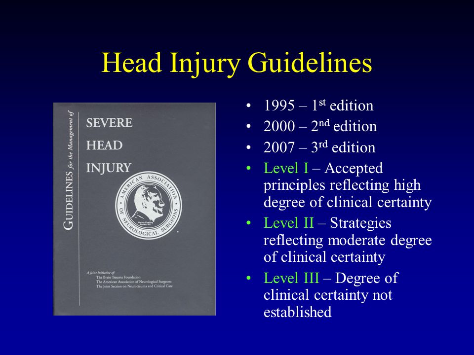 Head Injury Guidelines 1995 – 1 st edition 2000 – 2 nd edition 2007 – 3 rd edition Level I – Accepted principles reflecting high degree of clinical certainty Level II – Strategies reflecting moderate degree of clinical certainty Level III – Degree of clinical certainty not established