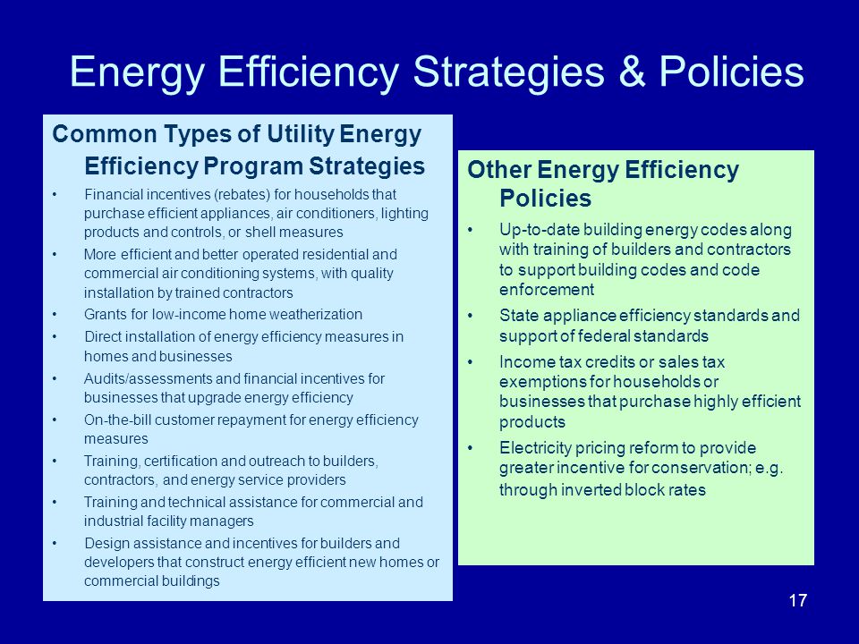 Energy Efficiency Strategies & Policies Common Types of Utility Energy Efficiency Program Strategies Financial incentives (rebates) for households that purchase efficient appliances, air conditioners, lighting products and controls, or shell measures More efficient and better operated residential and commercial air conditioning systems, with quality installation by trained contractors Grants for low-income home weatherization Direct installation of energy efficiency measures in homes and businesses Audits/assessments and financial incentives for businesses that upgrade energy efficiency On-the-bill customer repayment for energy efficiency measures Training, certification and outreach to builders, contractors, and energy service providers Training and technical assistance for commercial and industrial facility managers Design assistance and incentives for builders and developers that construct energy efficient new homes or commercial buildings Other Energy Efficiency Policies Up-to-date building energy codes along with training of builders and contractors to support building codes and code enforcement State appliance efficiency standards and support of federal standards Income tax credits or sales tax exemptions for households or businesses that purchase highly efficient products Electricity pricing reform to provide greater incentive for conservation; e.g.