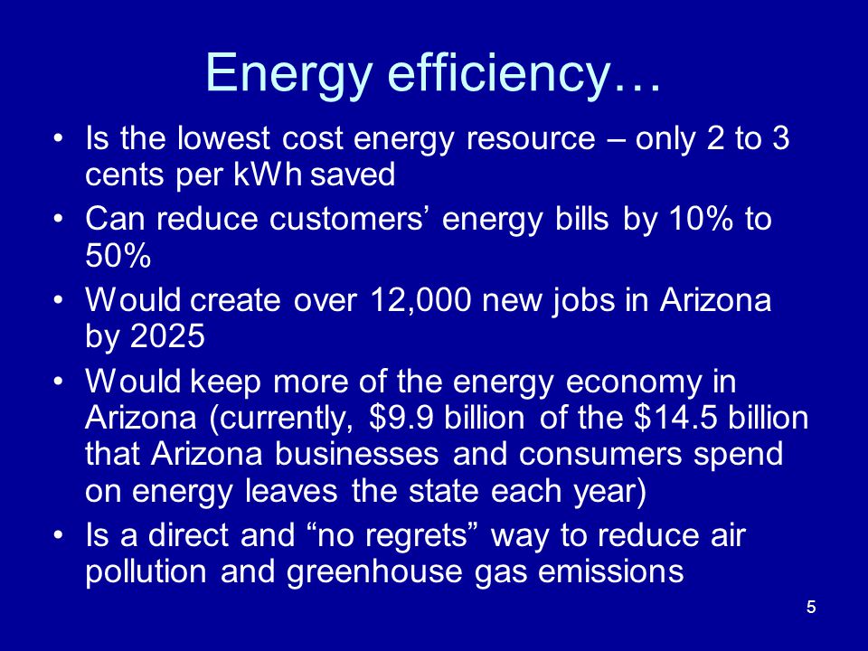 Energy efficiency… Is the lowest cost energy resource – only 2 to 3 cents per kWh saved Can reduce customers’ energy bills by 10% to 50% Would create over 12,000 new jobs in Arizona by 2025 Would keep more of the energy economy in Arizona (currently, $9.9 billion of the $14.5 billion that Arizona businesses and consumers spend on energy leaves the state each year) Is a direct and no regrets way to reduce air pollution and greenhouse gas emissions 5