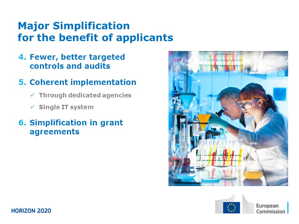 Major Simplification for the benefit of applicants 4.Fewer, better targeted controls and audits 5.Coherent implementation Through dedicated agencies Single IT system 6.Simplification in grant agreements