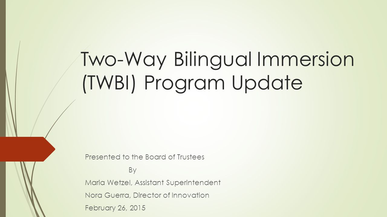 Two-Way Bilingual Immersion (TWBI) Program Update Presented to the Board of Trustees By Maria Wetzel, Assistant Superintendent Nora Guerra, Director of Innovation February 26, 2015