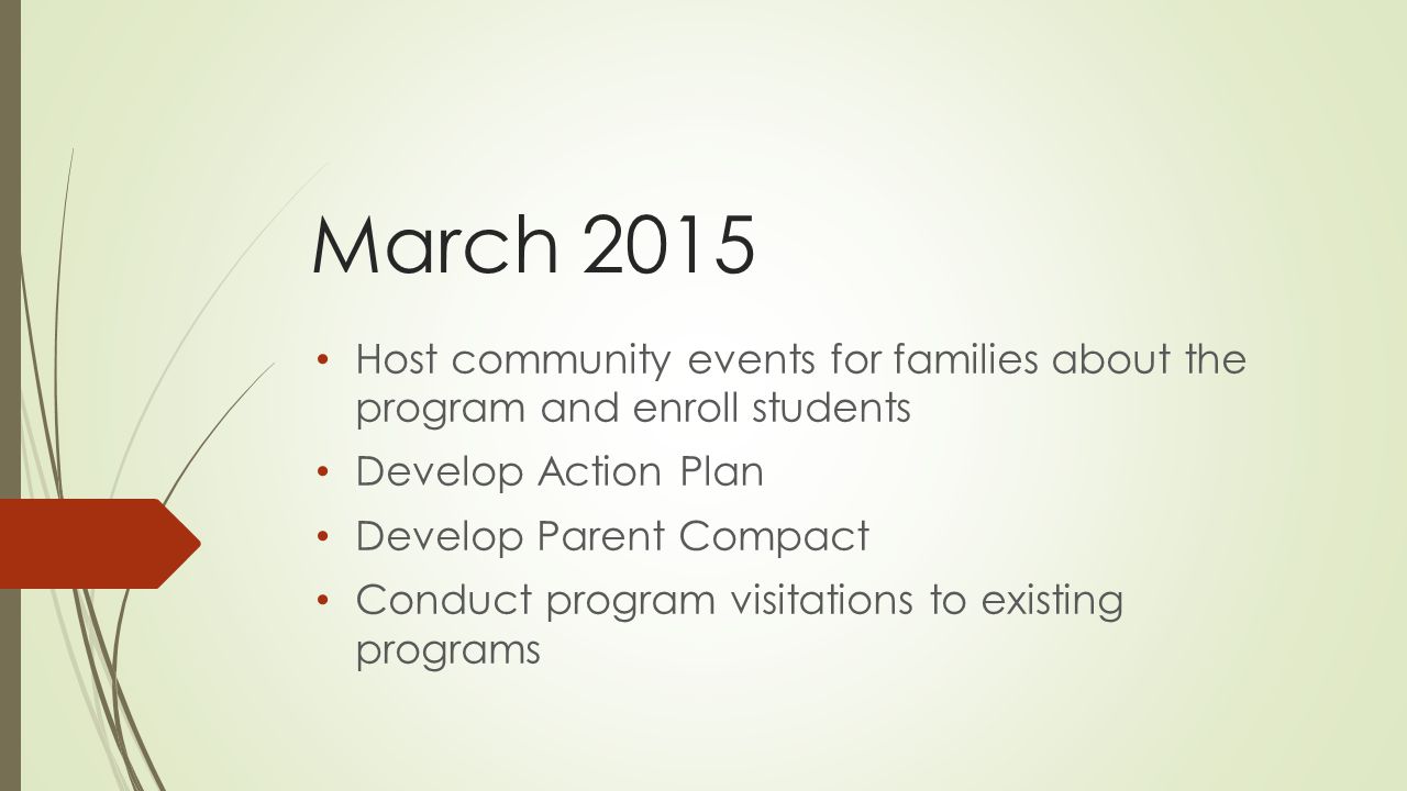 March 2015 Host community events for families about the program and enroll students Develop Action Plan Develop Parent Compact Conduct program visitations to existing programs