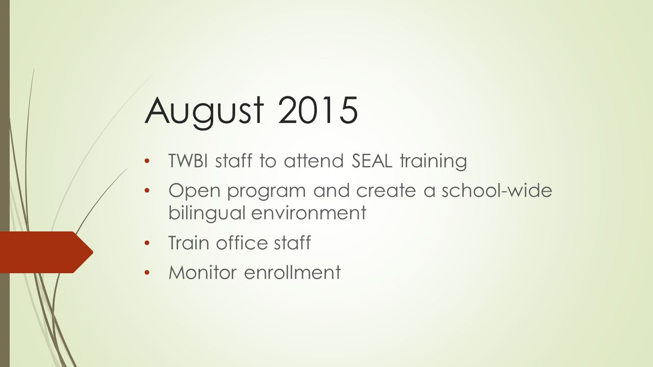 August 2015 TWBI staff to attend SEAL training Open program and create a school-wide bilingual environment Train office staff Monitor enrollment