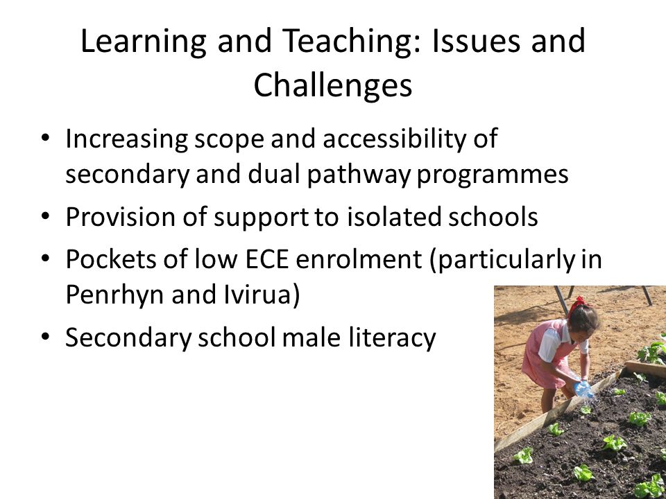 Learning and Teaching: Issues and Challenges Increasing scope and accessibility of secondary and dual pathway programmes Provision of support to isolated schools Pockets of low ECE enrolment (particularly in Penrhyn and Ivirua) Secondary school male literacy