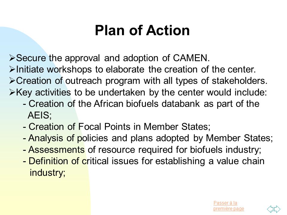 Passer à la première page Plan of Action  Secure the approval and adoption of CAMEN.
