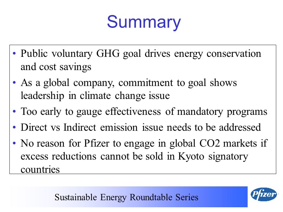 Sustainable Energy Roundtable Series Summary Public voluntary GHG goal drives energy conservation and cost savings As a global company, commitment to goal shows leadership in climate change issue Too early to gauge effectiveness of mandatory programs Direct vs Indirect emission issue needs to be addressed No reason for Pfizer to engage in global CO2 markets if excess reductions cannot be sold in Kyoto signatory countries