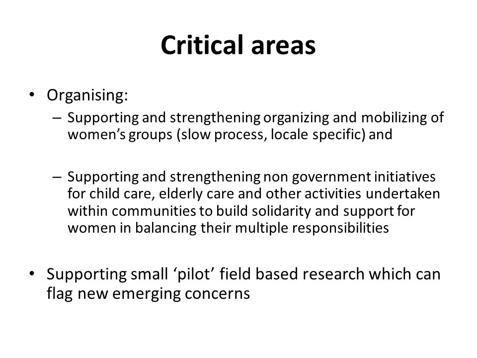 Critical areas Organising: – Supporting and strengthening organizing and mobilizing of women’s groups (slow process, locale specific) and – Supporting and strengthening non government initiatives for child care, elderly care and other activities undertaken within communities to build solidarity and support for women in balancing their multiple responsibilities Supporting small ‘pilot’ field based research which can flag new emerging concerns