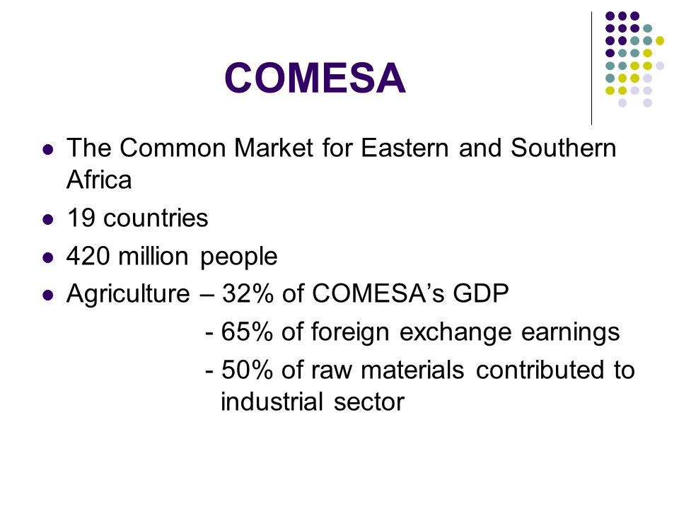 COMESA The Common Market for Eastern and Southern Africa 19 countries 420 million people Agriculture – 32% of COMESA’s GDP - 65% of foreign exchange earnings - 50% of raw materials contributed to industrial sector