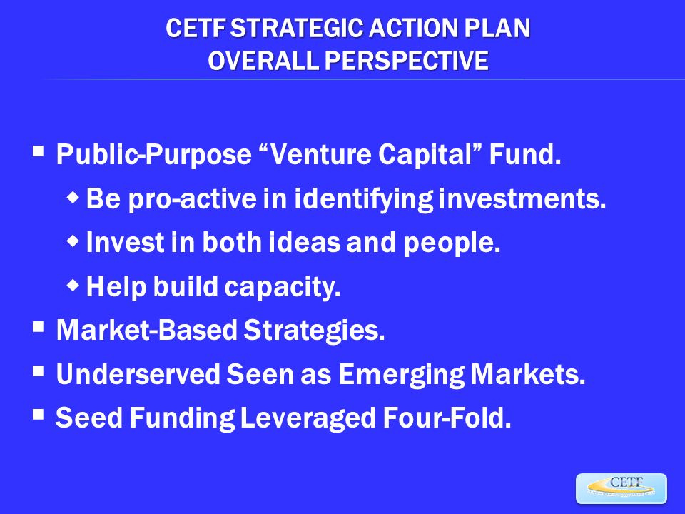 CETF STRATEGIC ACTION PLAN OVERALL PERSPECTIVE  Public-Purpose Venture Capital Fund.