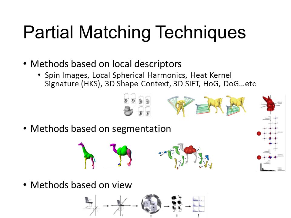 Partial Matching Techniques Methods based on local descriptors Spin Images, Local Spherical Harmonics, Heat Kernel Signature (HKS), 3D Shape Context, 3D SIFT, HoG, DoG…etc Methods based on segmentation Methods based on view