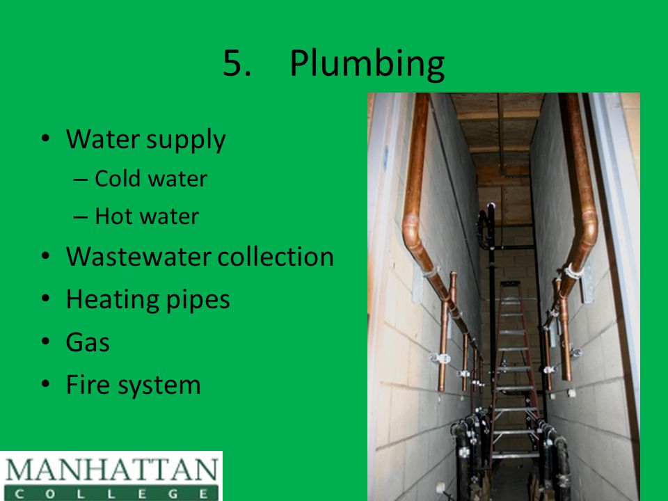 5.Plumbing Water supply – Cold water – Hot water Wastewater collection Heating pipes Gas Fire system