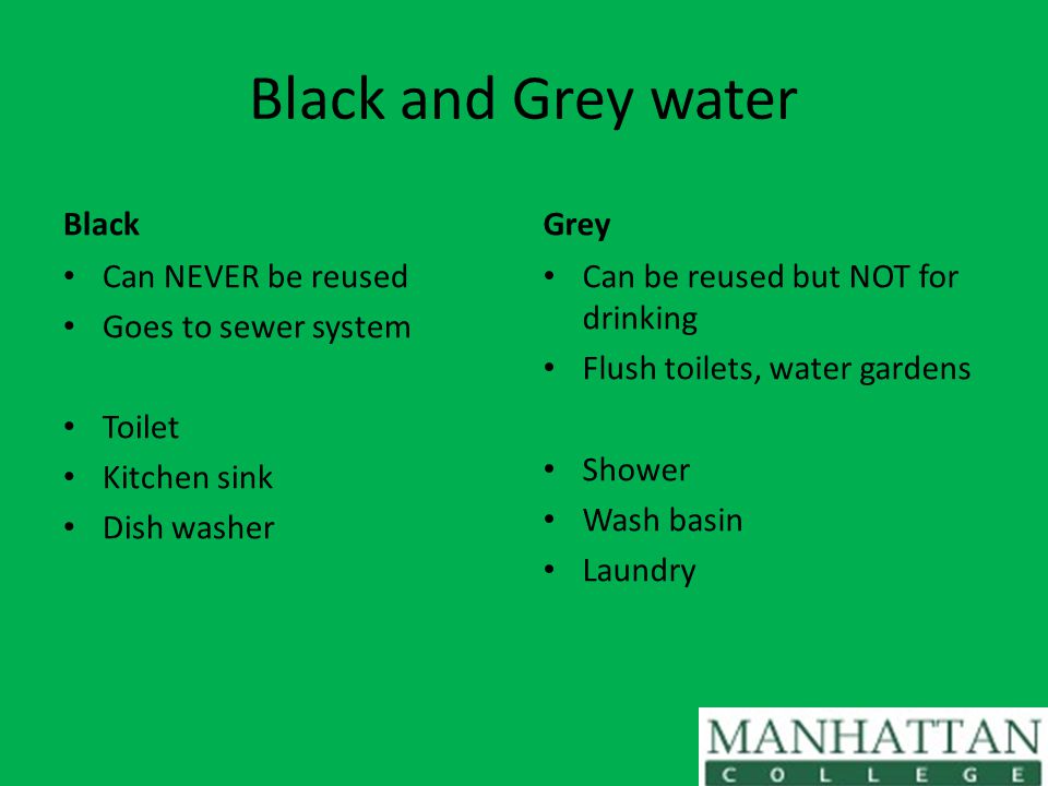 Black and Grey water Black Can NEVER be reused Goes to sewer system Toilet Kitchen sink Dish washer Grey Can be reused but NOT for drinking Flush toilets, water gardens Shower Wash basin Laundry