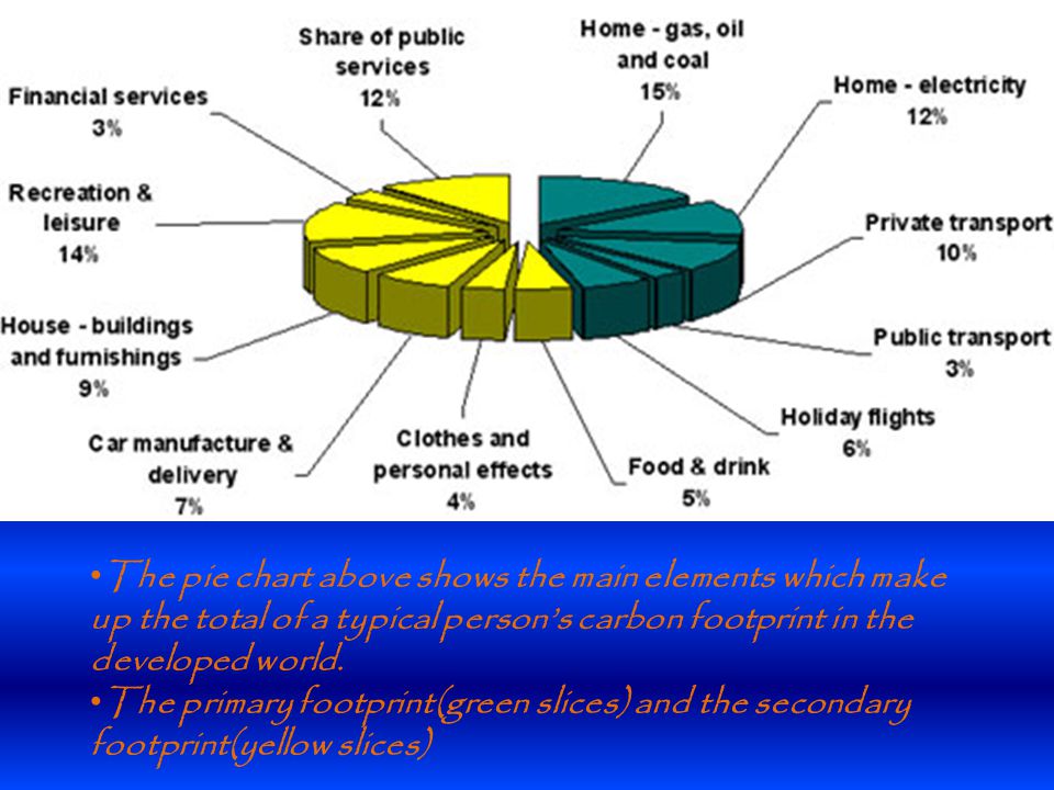 The pie chart above shows the main elements which make up the total of a typical person’s carbon footprint in the developed world.